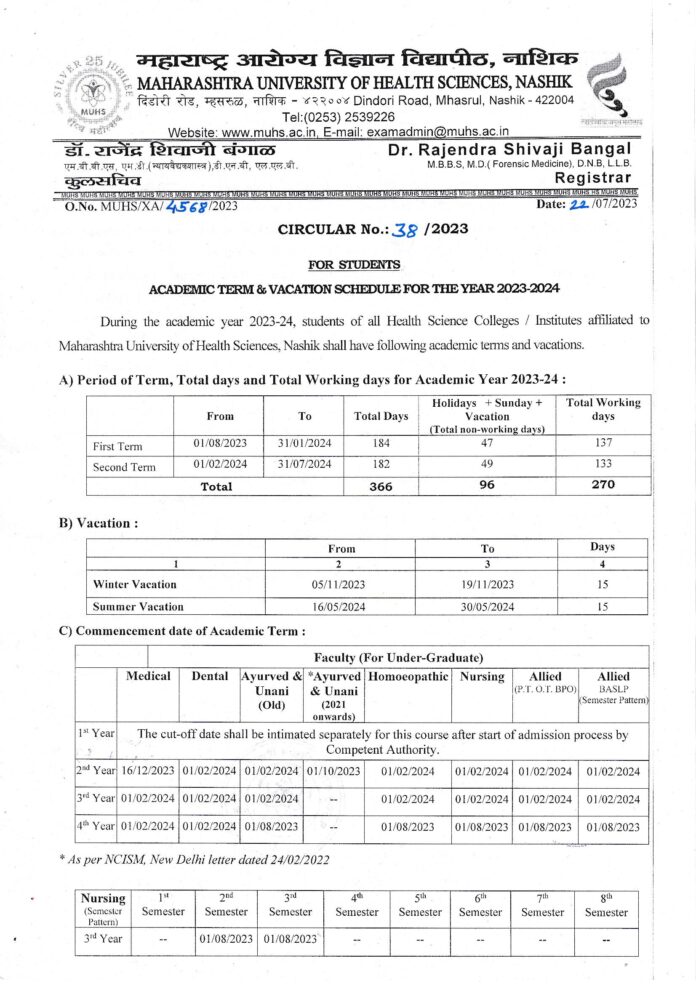 MUHS Academic Calendar 202324 Students Schedule Dhanwantari Ayurved